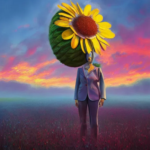 Image similar to giant daisy flower head, frontal, a girl in a suit, surreal photography, sunrise, dramatic light, impressionist painting, digital painting, artstation, simon stalenhag