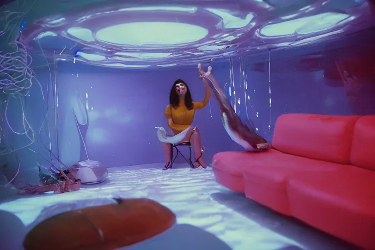 Image similar to closeup view of young woman wearing discowear sitting inside of a unlit lit large 1970s luxury underwater cabin with a soviet computer console on the wall and suspended fireplace in living room, large windows, an exterior of deep-sea bioluminescent fish species and faint shark head, ektachrome photograph, volumetric lighting, f8 aperture