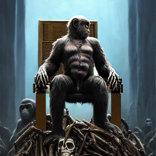 Image similar to koba from planet of the apes sitting on a throne of human bones, hero character art, by chris leib and greg rutkowski in a surreal portrait, oil on canvas, volumetric lighting, 8k, hd.