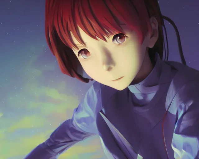 Image similar to photorealistic evangelion render, detailed face, colorful, atmosphere cinematic, by wlop, by ilyu kuvshinov, soft shadows, concept art, super detailed, octane render, 8 k, unreal engine 5, super realistic, ufotable studio art style, trending in pixiv, japanese light novel cover