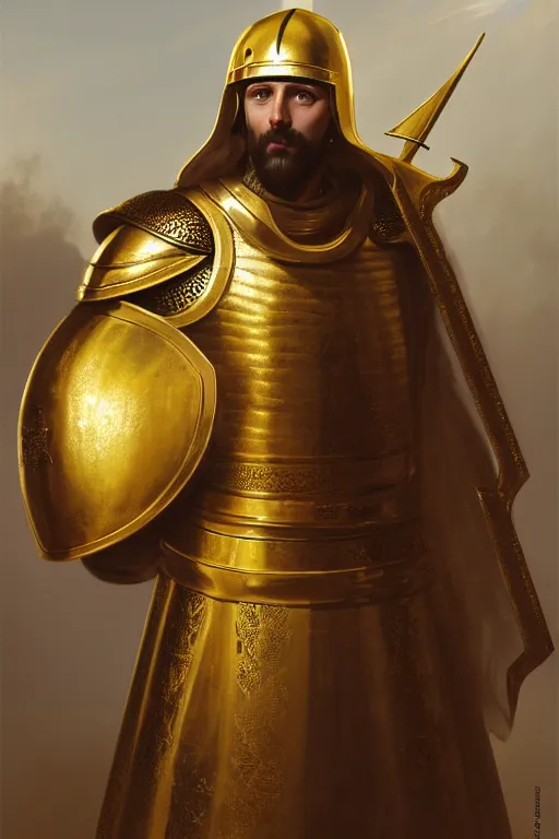 Prompt: man looking forward in decorated with gold baroque style christian crusader armor, cylindrical helmet with golden cross on front and white cape covering half of his body standing at the gates of jerusalem drawn by greg rutkowski realistic high detail