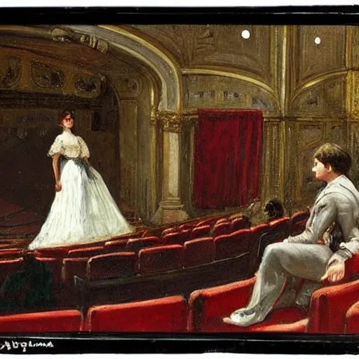 Image similar to a young man watching an actress on stage in an old theater, by alfred stevens