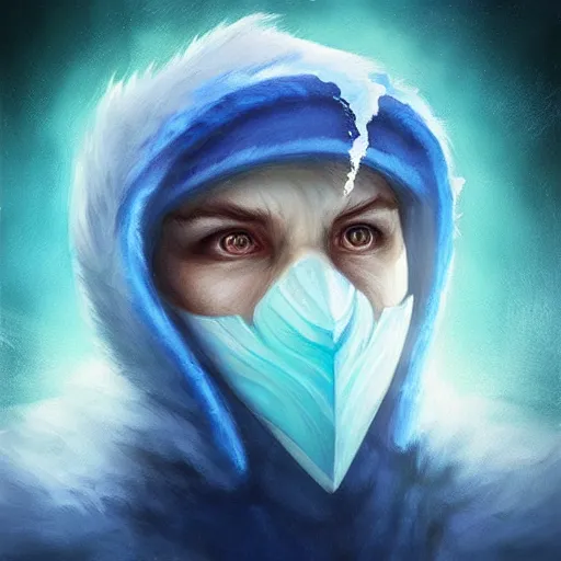 Image similar to “ fantasy snow bandit ‘ icewind dale ’ with ice blue mask, ice gem, ‘ icewind dale 2 ’ profile portrait by ‘ justin sweet ’, soft focus, illustrated, oil paint, artstation ”