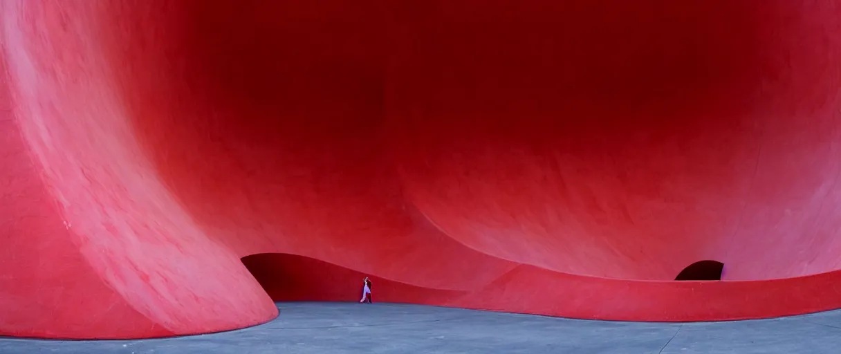 Prompt: large red velvet sculpture like upscaled egg, curved, in the style of anish kapoor, stands in the middle of a curved concrete skate park, inside view skate park, on the low fog, film still from the movie directed by denis villeneuve with art direction by zdzisław beksinski, parts by denis villeneuve close up,