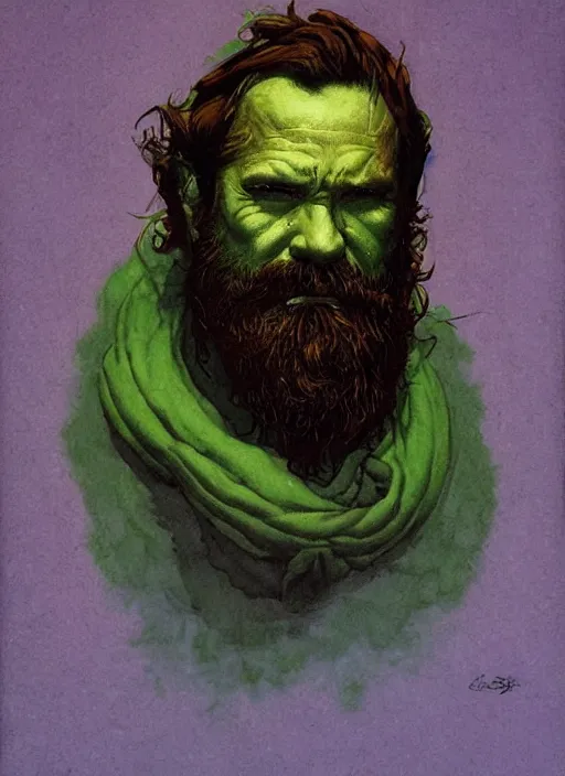 Prompt: portrait of grizzled sailor on sea of green flame, coherent! by brom, deep color, strong line, high contrast