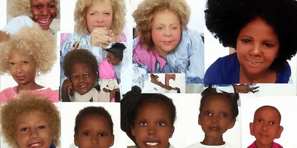 Image similar to eeee are all dead i am a black girl aged 6 2 i am 9 cm tall and aged 1 i have white skin and blonde eyes, afro hair and a father