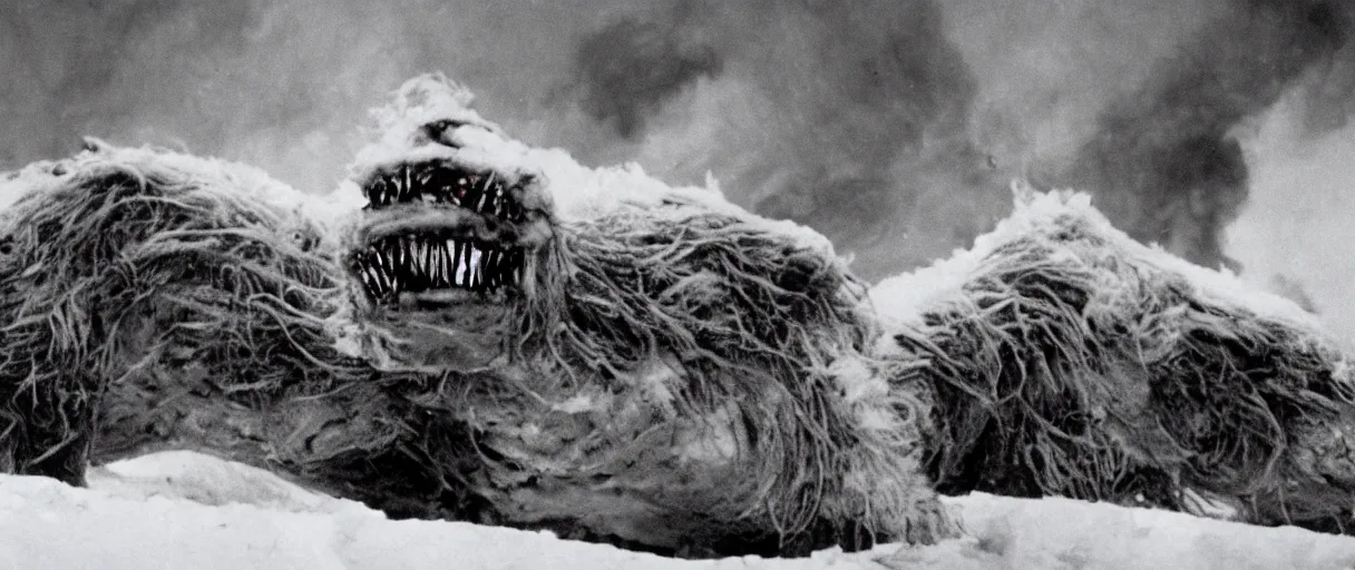 Image similar to filmic extreme wide shot movie still 4 k uhd interior 3 5 mm film color photograph of a detached snarling distorted deformed creature abstract shape shifting organism made of human tissue, running around the an arctic village that is on fire chasing humans in the style of the horror film the thing 1 9 8 2