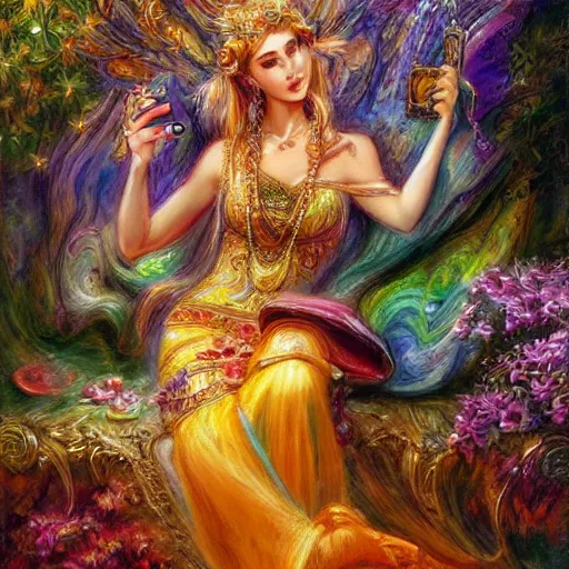 Image similar to a goddess checking her phone by senior concept artist josephine wall, high resolution trending on art station