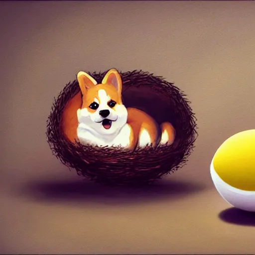 Image similar to concept art of a baby corgi emerging from an egg that looks like a tennis ball in a nest, realistic, detailed, cel shaded, in the style of makoto shinkai and greg rutkowski and james gurney