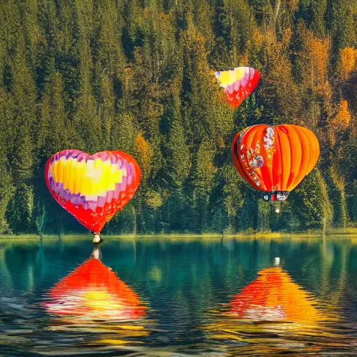 Image similar to photo of two black swans swimming in a beautiful reflective mountain lake, touching heads, forming a heart with their necks, a colorful hot air balloon is flying above the swans, hot air balloon, intricate, 8k highly professionally detailed, HDR, CGsociety