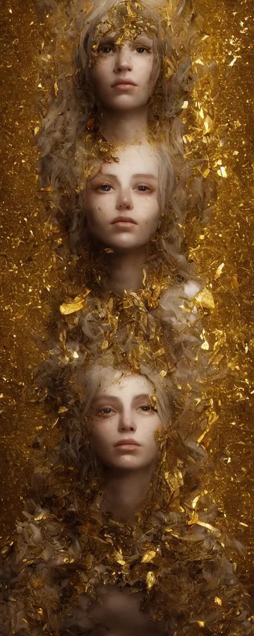 Image similar to portrait photo of a surreal goddess floating in the middle of a ancient wood, gold raining in the background, ultra super good realistic 3D render by Pete Morbacher and Emil Melmoth, insanely detailed, trending on artstation, sharp focus