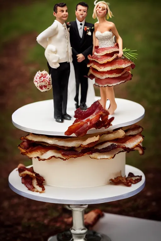 Image similar to a wedding cake made of bacon, professional food photo, bride and groom on top of the wedding cake,