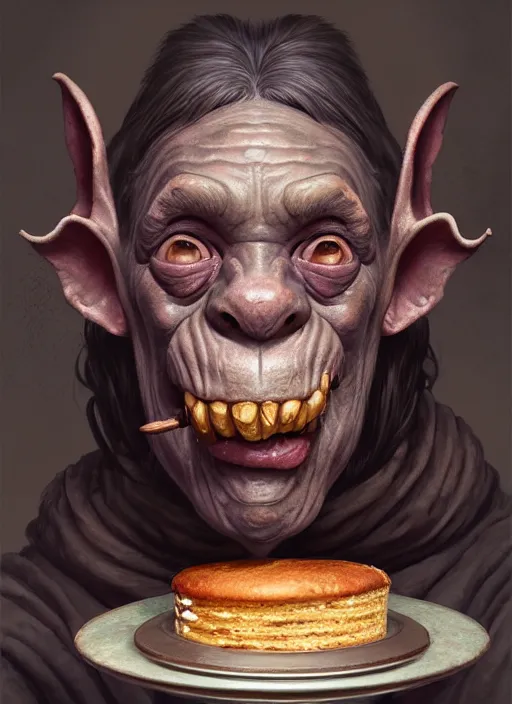 Image similar to profile face portrait of a medieval goblin eating cakes in the cloisters, beautiful face, hyper realistic, highly detailed, digital painting, artstation, illustration, concept art by hyung tae and frank frazetta, digital paint, matte paint, washed colors, dark, gloomy