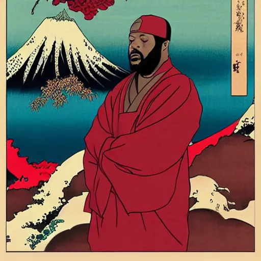 Image similar to Ghostface Killah rapping, portrait, style of ancient text, hokusai