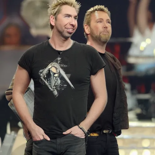 Image similar to chad robert kroeger of nickelback looking at a mystery object on someone's head