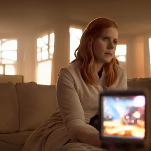 Image similar to a still of Amy Adams playing videogames, in the movie Arrival, highly detailed and intricate, bokeh, sharp image, cinematic lighting, 8k HDR