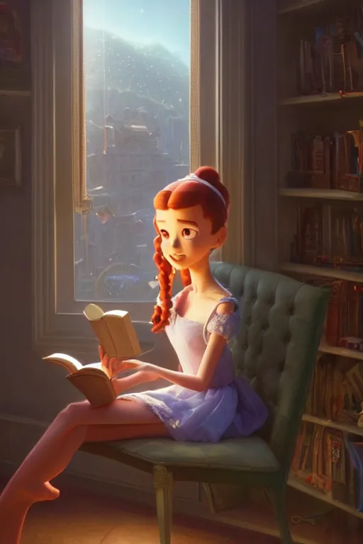 Image similar to highly detailed portrait of beautiful girl reading a book in toy story 3, detailed hands, dynamic pose, stephen bliss, unreal engine, fantasy art by greg rutkowski, loish, rhads, ferdinand knab, makoto shinkai and lois van baarle, ilya kuvshinov, rossdraws, tom bagshaw, global illumination, radiant light, detailed and intricate environment