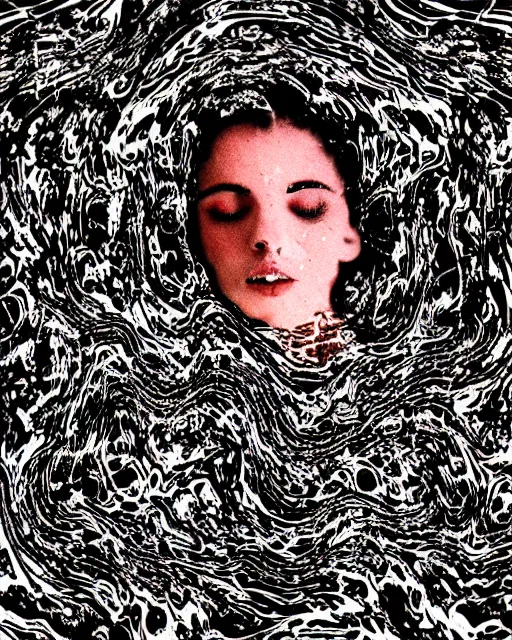 Image similar to oversaturated, burned, light leak, expired film, photo of a woman's serene face submerged in a flowery milkbath, rippling liquid, vintage glow, sun rays, black and white, glitched pattern, 1 9 9 0 s magazine ad