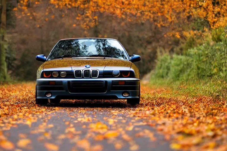 Image similar to A BMW e36 parked in a road with trees, autumn season, Epic photography, taken with a Canon DSLR camera, 150 mm, depth of field