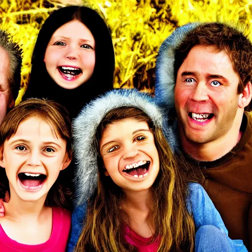 Image similar to family portrait studio of ugly family big rond eyes bad rotten teeth and smile, horrible scary family laughter by Cronenberg, mountain landscape background,, very detailed, grainy image