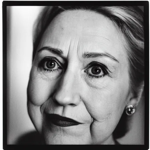 Prompt: photo of Hilary Clinton by Diane Arbus, black and white, high contrast, Rolleiflex, 55mm f/4 lens