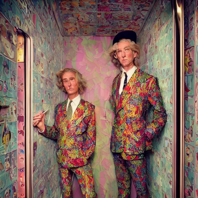 Image similar to vogue photoshoot octane render portrait by wayne barlow and carlo crivelli and glenn fabry, a handsome eccentric man in a bright colorful patterned pastel wes anderson elevator operator costume inside a dark and moody vintage elevator in a high - end exotic vintage boutique hotel, very short depth of field, bokeh