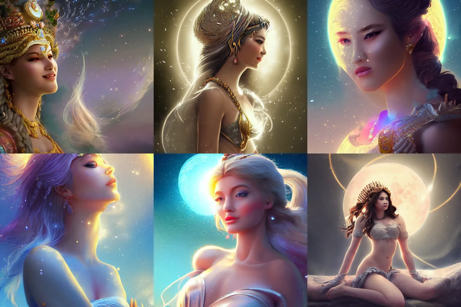 Prompt: a beautiful female goddess of moon character, character is in all its glory, character is in her natural relaxed pose, rim lights, particles and dust in the air, fancy clouds, highly detailed professional photo, dynamic lights, particles are flying, depth of field, trending on artstation, illustration, hyper realistic, vray caustics, super detailed, colorful accents, cinematic shot