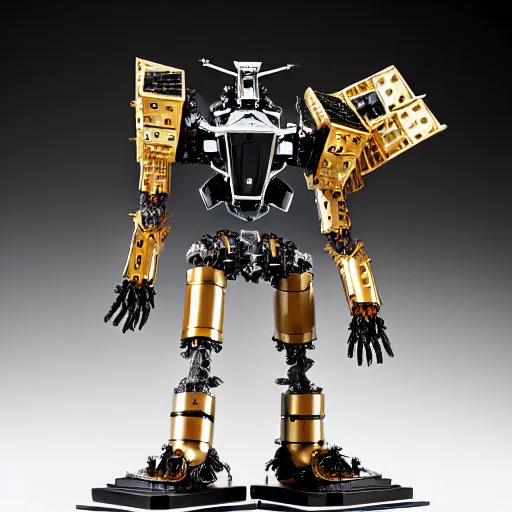 Image similar to mecha carved obsidian mechanical exoskeleton wearing hardsurface armour, inlaid with ivory and gold accents, rococo, by spider zero, frank gehry, jeff koons, bandai box art, in the style of john berkey, norman rockwell, ivan shishkin