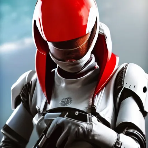 Image similar to portrait of a beautiful female soldier, no makeup, in glossy sleek white armor inspired by samus aran and a long red cape, head tilted back, determined expression, no helmet, on the surface of mars, cinematic, sci-fi, hyperrealistic, detailed