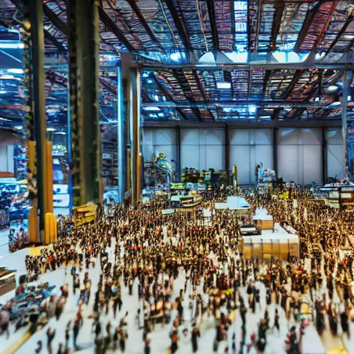 Image similar to crane shot of large group people in open warehouse, looking at hologram of futuristic city on a table, cinematic still, godrays, golden hour, natural sunlight, 4 k, clear details, tabletop model buildings, tabletop model, ethereal hologram center, crane shot, crane shot, rule of thirds