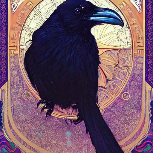 Prompt: realistic detailed raven painting, art by sam spratt, greg hildebrandt, louis sullivan, alphonse mucha