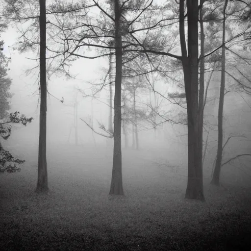 Image similar to a foggy white and black old photograph of a witch floating in the middle of wood, trees, dark, scary, detailed, fog, mist, blair witch project style