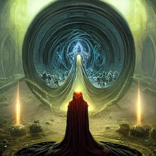 Image similar to a quantum computer processing the soul of a dying man, surrounded by a dark cabal of hooded elven mystics with long robes gathered in a circular formation, michael whelan art, dan seagrave art, cgsociety, artstation, epic scifi fantasy art