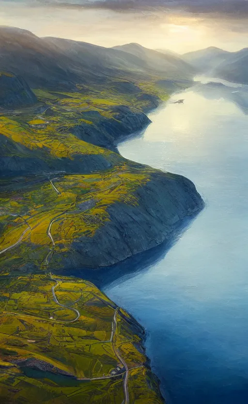 Prompt: nordic fjord, summer morning light, aerial view, beautiful landscape, cinematic light, soft illumination, cinematic composition, wide - angle, atmospheric, oil painting, trending on artstation