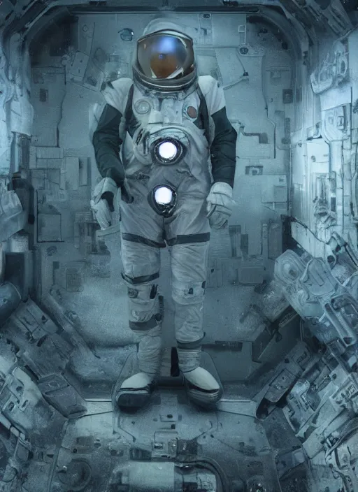 Prompt: concept art by craig mullins astronaut in futuristic dark and empty spaceship underwater. infrared glowing lights. complex and hyperdetailed technical suit. reflection and dispersion materials. rays and dispersion of light. volumetric light. 5 0 mm, f / 3 2. noise film photo. flash photography. unreal engine 4, octane render. interstellar movie art