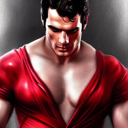 Image similar to Henry Cavill is a Greek god, gorgeous, amazing, muscular, red silk, intricate, elegant highly detailed, digital painting, artstation, concept art, sharp focus, illustration,