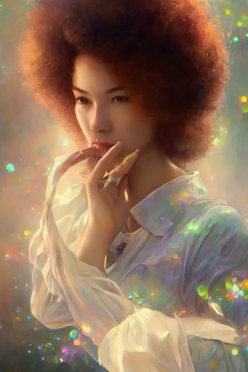 Image similar to bob ross, dreamy and ethereal,, fantasy, intricate, elegant, rainbow bubbles, highly detailed, digital painting, artstation, concept art, smooth, sharp focus, illustration, art by artgerm and greg rutkowski and alphonse mucha