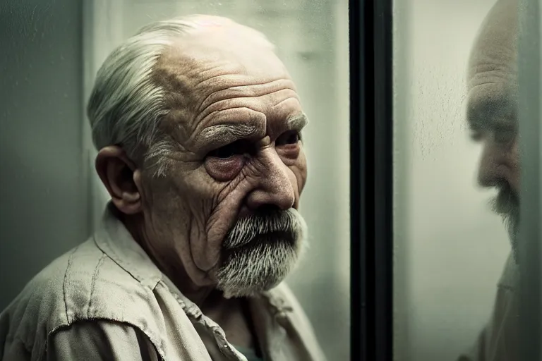 Prompt: an ultra realistic, cinematic, close up portrait, of an old man, looking in the window, sad, dramatic, soft light, dreamy, facial features, stood in a cell, with prison clothing, detailed, deep focus, movie still, dramatic lighting, ray tracing, by hendrik kerstens and paolo roversi