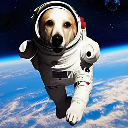 Image similar to a dog in space wearing an astronaut suit