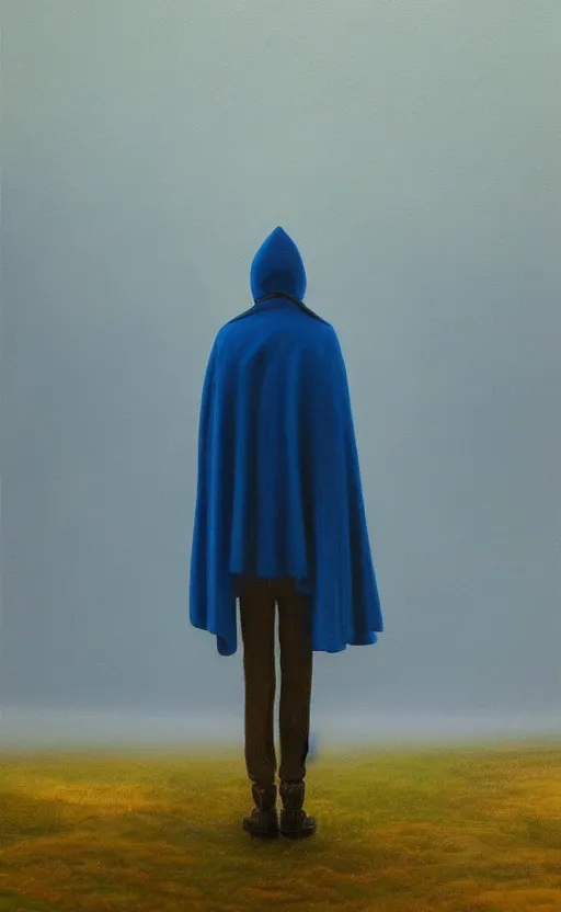 Image similar to oil painting of a blue caped man, lonely, depression, foggy background, standing in midground, blue sky, by capsar david friedrich