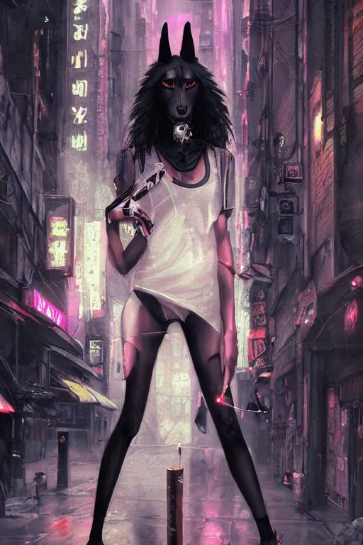 Image similar to beautiful portrait of a tall female anthro anubis smoking a cigarette in a bustling crowd of a rainy city street, goth punk clothes, cyberpunk, harsh neon lights, highly detailed, sharp focus, digital painting, illustration, trending on artstation, art by sakimichan, wlop, greg rutkowski
