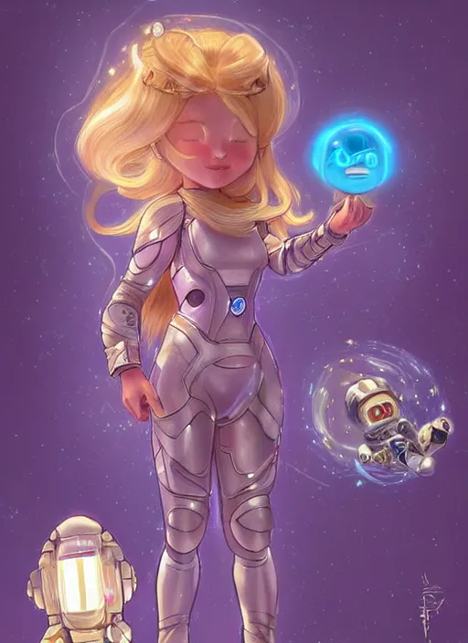 Prompt: beautiful space cottagecore princess rosalina holding a chibi robot wearing a scifi jetsuit, intricate bioluminescent highly detailed, digital painting, artstation, concept art, smooth, sharp, focus, illustration, art by artgerm and ilya kushvikov and alphonse mucha