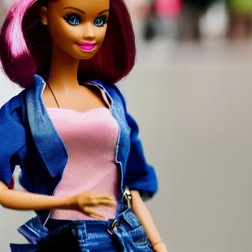 Prompt: barbie doll as a real woman, street photography, nikon 135mm f/4