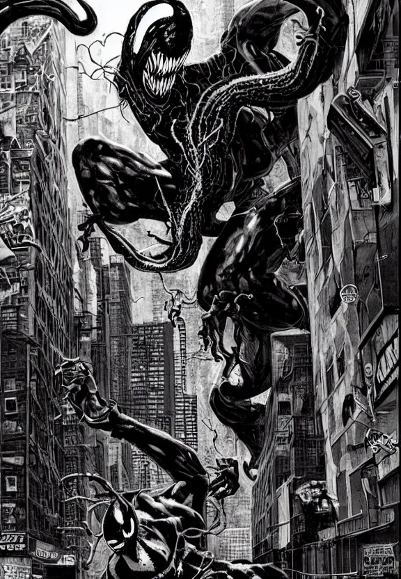 Image similar to venom in a new york alley at night by lee bermejo and simon bisley