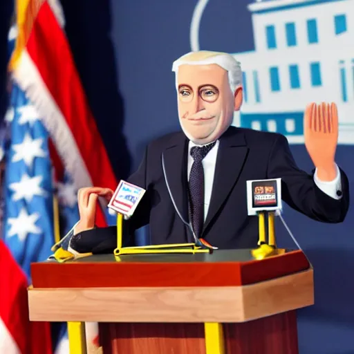 Image similar to string marionette president in a podium giving a press conference