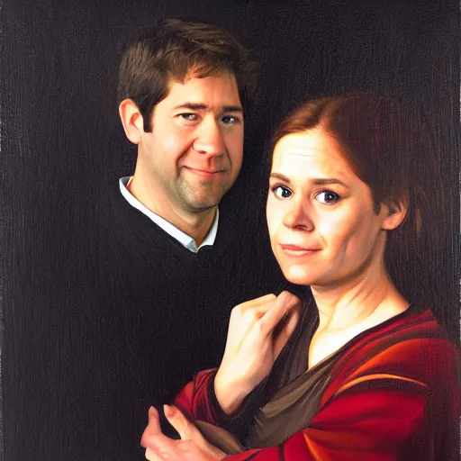 Image similar to portrait painting of jim halpert and pam beesly, in the style of caravaggio