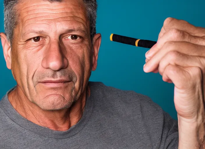 Prompt: studio portrait photo still of fred ward!!!!!!!! at age 5 3 years old 5 3 years of age!!!!!!! smoking a cigarette, 8 k, 8 5 mm f 1. 8, studio lighting, rim light, right side key light