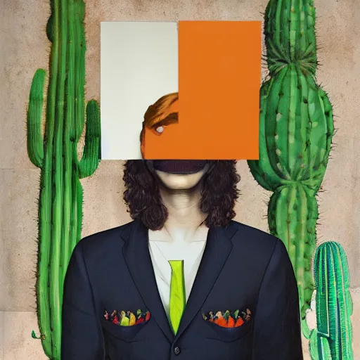 Image similar to Collage art, Young Spanish man, Art by Joshua Middleton, socks, Rene Magritte, underpants, Morrocan tiles, half a lime, cactus, succulent plants Chalk white skin, deep purple hair, Green eyes, Orange background, Mucha, Portrait of the man, surreal, ,carbon black and antique gold