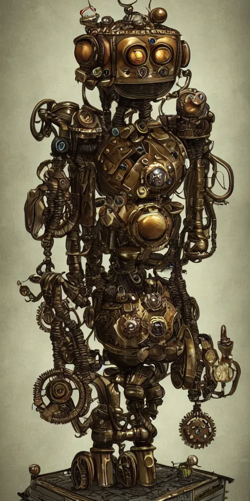 Image similar to a steampunk robot with mushrooms growing out of it's head, detailed, 4 k, trending in artstation