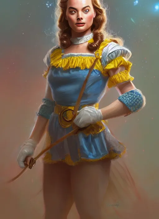 Image similar to beautiful female dorothy gale, margot robbie as dorothy, full body character concept, armor, super powers, fantasy, intricate, elegant, highly detailed, digital painting, artstation, concept art, shining, sharp focus, illustration, art by stanley lau